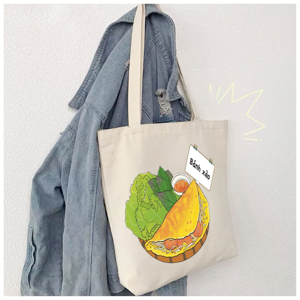 Túi tote Việt Nam-Túi vải canvas bộ sưu tập ẩm thực Việt Nam ngộ nghĩnh kích thước 35x40 TOTa08