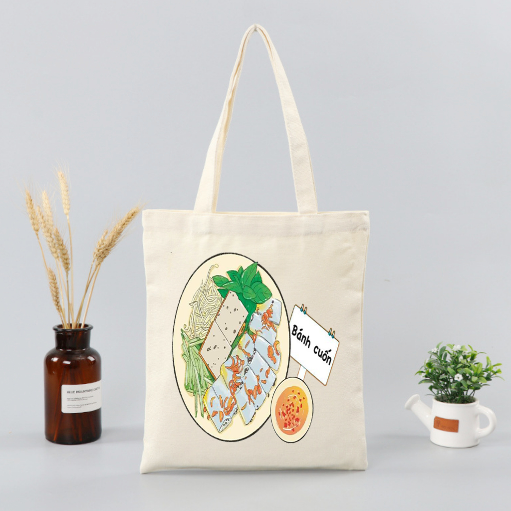 Túi tote Việt Nam-Túi vải canvas bộ sưu tập ẩm thực Việt Nam ngộ nghĩnh kích thước 35x40 TOTa08