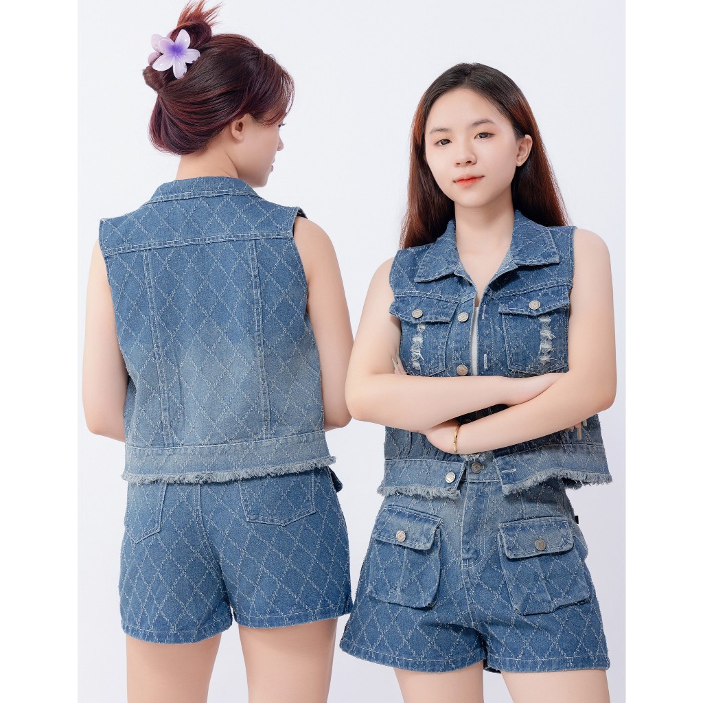 Sét Jean Gile Trám QCCC Áo Gile Croptop Mix Quần Cạp Cao Tua Rua Túi Hộp - GILE XƯỚC TRÁM BT-005