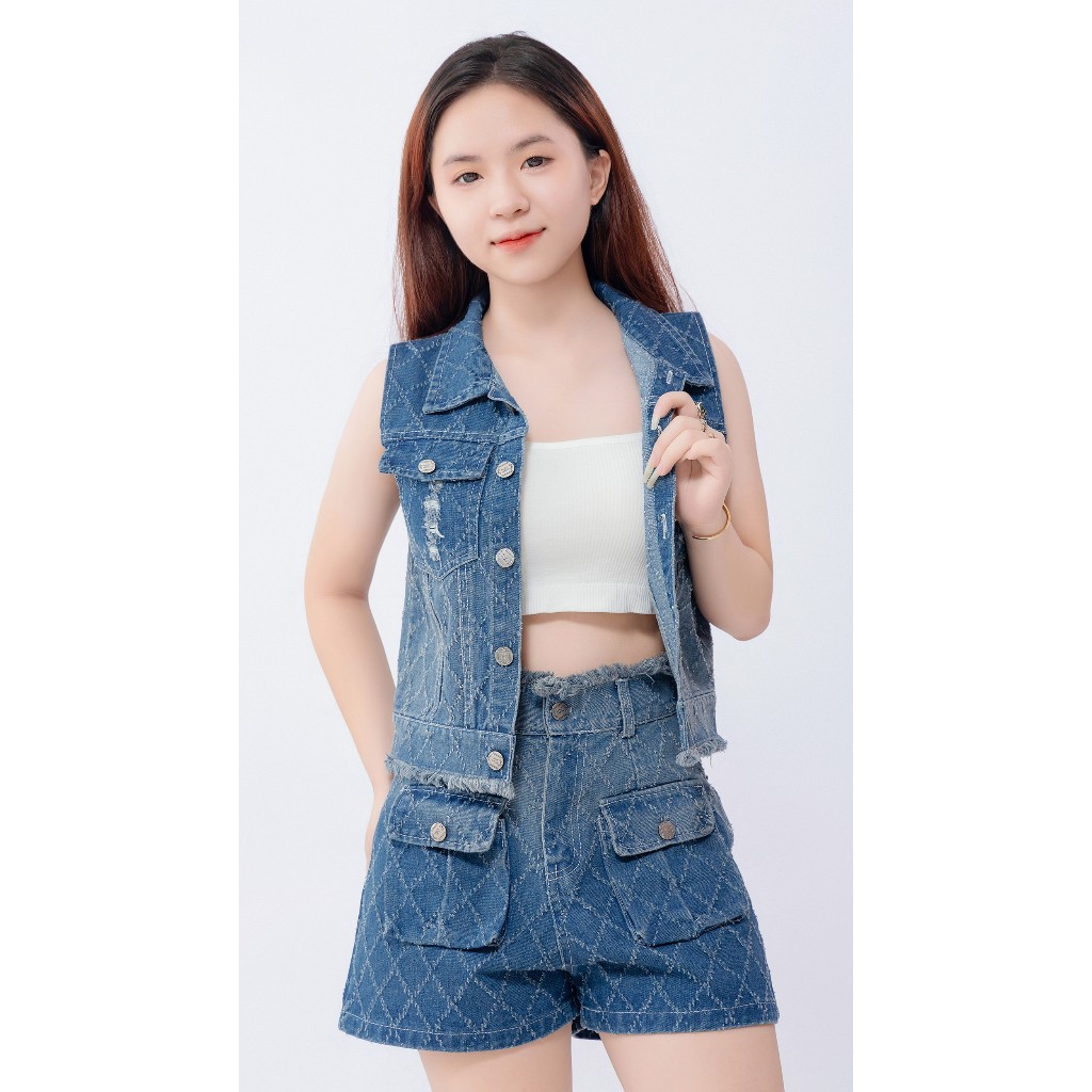 Sét Jean Gile Trám QCCC Áo Gile Croptop Mix Quần Cạp Cao Tua Rua Túi Hộp - GILE XƯỚC TRÁM BT-005