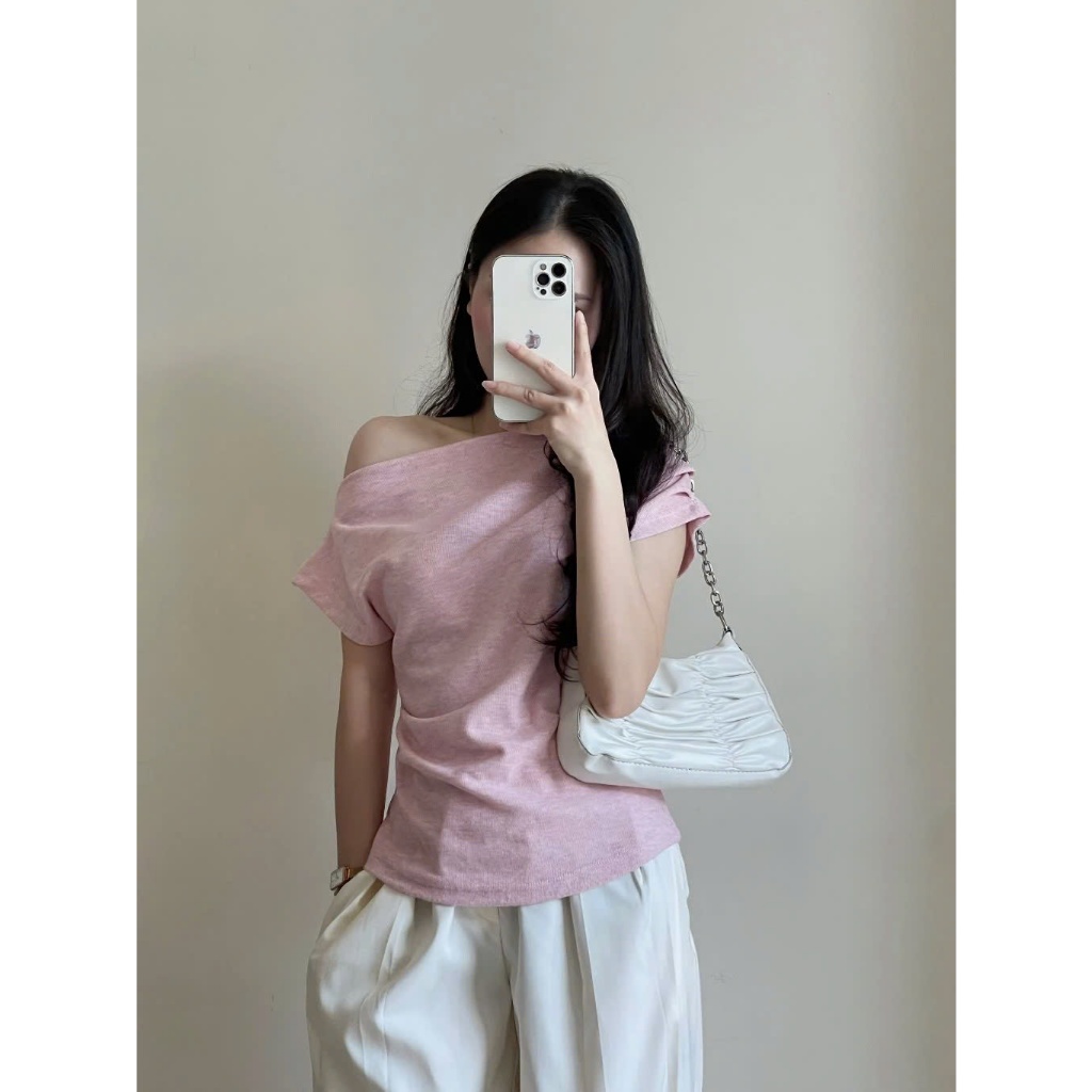 Áo Thun Lệch Vai Xếp Ly Vải Lông Thỏ Loại Đẹp Kiểu Sườn Nhún Eo Điệu Đà, Áo Phông Form Vừa Chất Vải Co Dãn Mềm Mịn m08