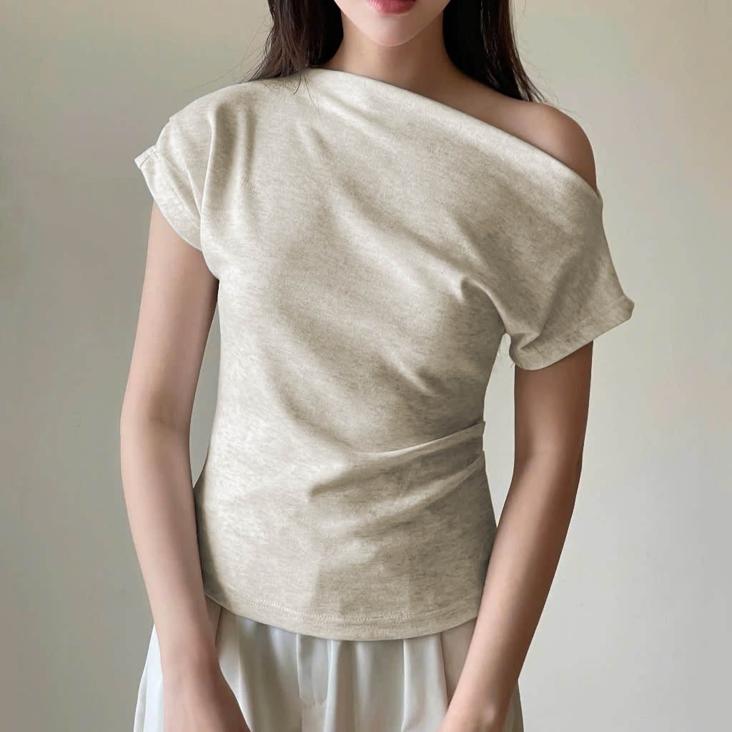 Áo Thun Lệch Vai Xếp Ly Vải Lông Thỏ Loại Đẹp Kiểu Sườn Nhún Eo Điệu Đà, Áo Phông Form Vừa Chất Vải Co Dãn Mềm Mịn m08