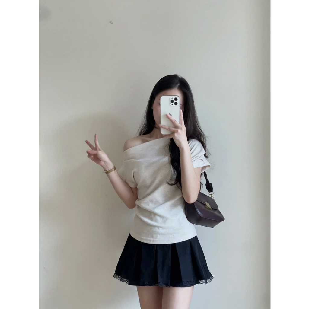 Áo Thun Lệch Vai Xếp Ly Vải Lông Thỏ Loại Đẹp Kiểu Sườn Nhún Eo Điệu Đà, Áo Phông Form Vừa Chất Vải Co Dãn Mềm Mịn m08