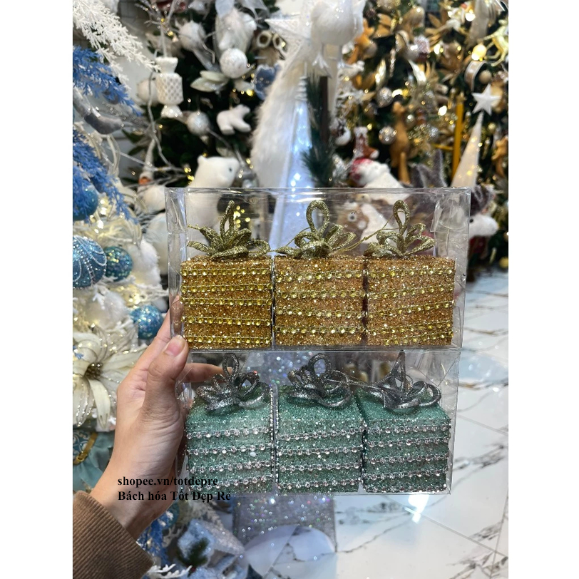 Hộp quà Trái bóng kim tuyến nhũ lấp lánh treo cây thông trang trí Giáng Sinh - Quả châu Noel