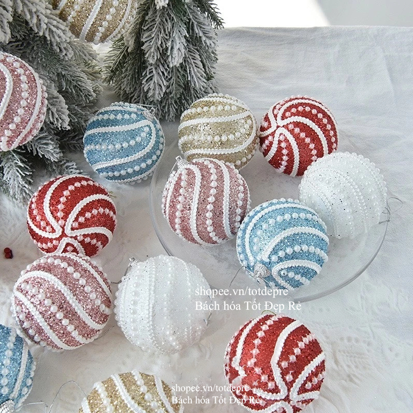 Hộp quà Trái bóng kim tuyến nhũ lấp lánh treo cây thông trang trí Giáng Sinh - Quả châu Noel