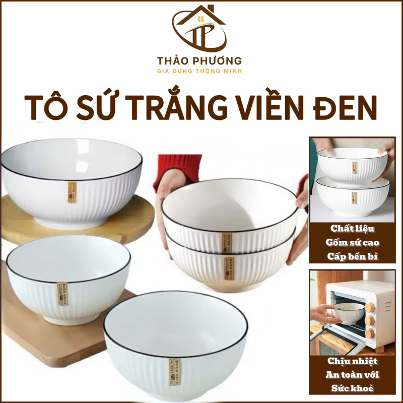 Tô Sứ Bát Gốm Sứ Tô Lớn Trắng Viền Đen Phong Cách Bắc Âu Tô Canh Tô Ăn Cơm Dày Dặn
