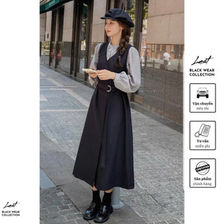 Set váy yếm cổ V dáng dài kèm belt và áo sơ mi tay bồng  LUST chất liệu dày dặn T780