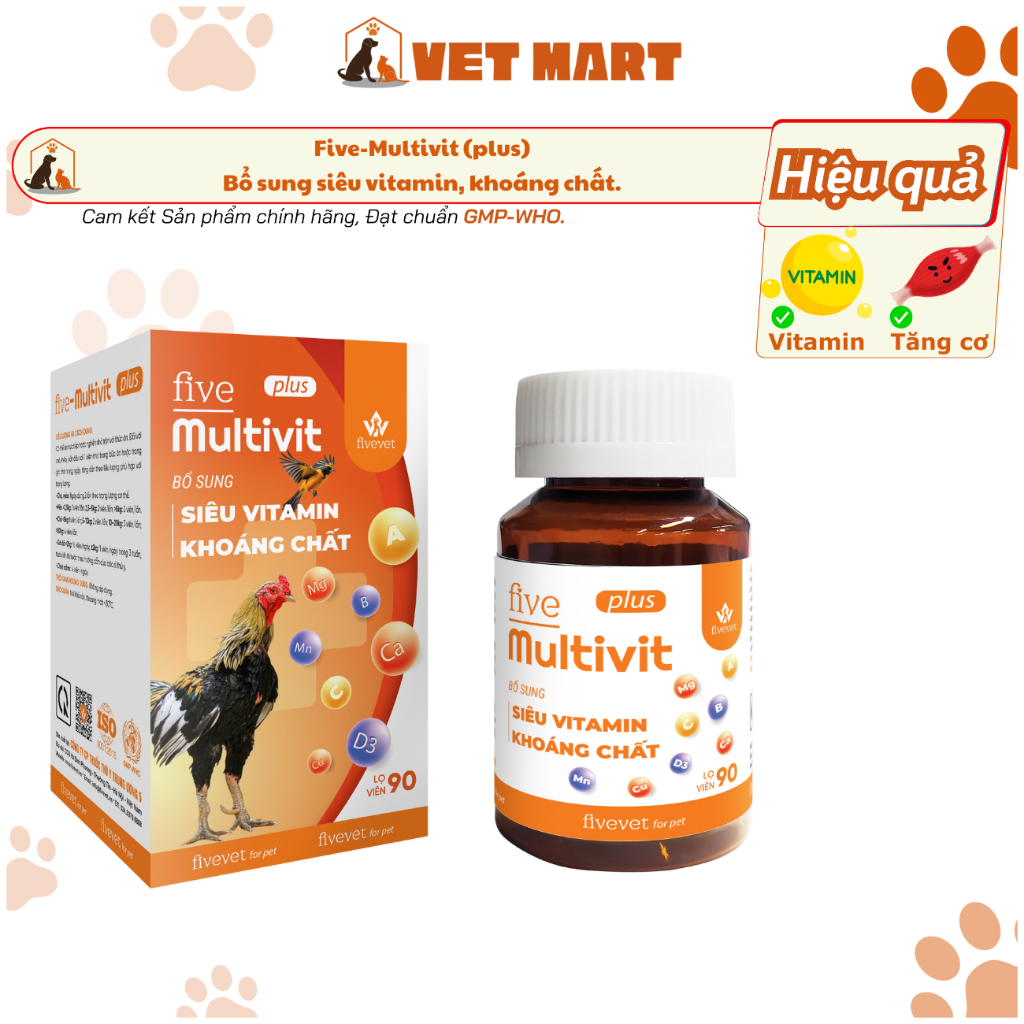 [Lọ 90 viên] Five-multivit (PLUS) - Bổ Sung Siêu Vitamin Và Khoáng Chất Cho Thú Cưng, Gà đá