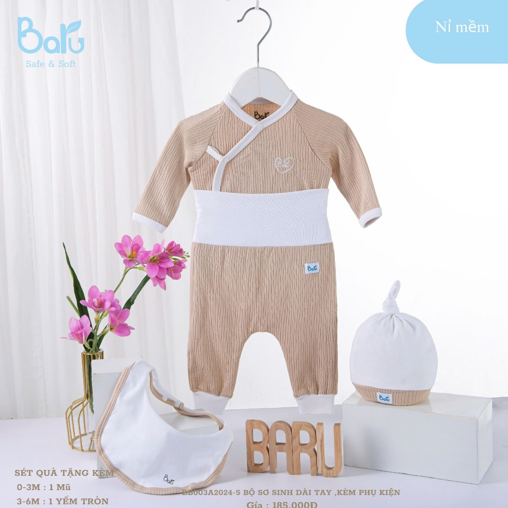 Bộ cài chéo dài Baru Baby cho bé trai, bé gái chất liệu Petit kháng khuẩn cho bé từ 0-6 tháng