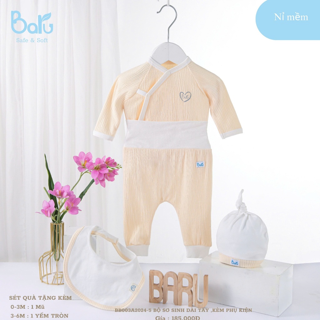 Bộ cài chéo dài Baru Baby cho bé trai, bé gái chất liệu Petit kháng khuẩn cho bé từ 0-6 tháng