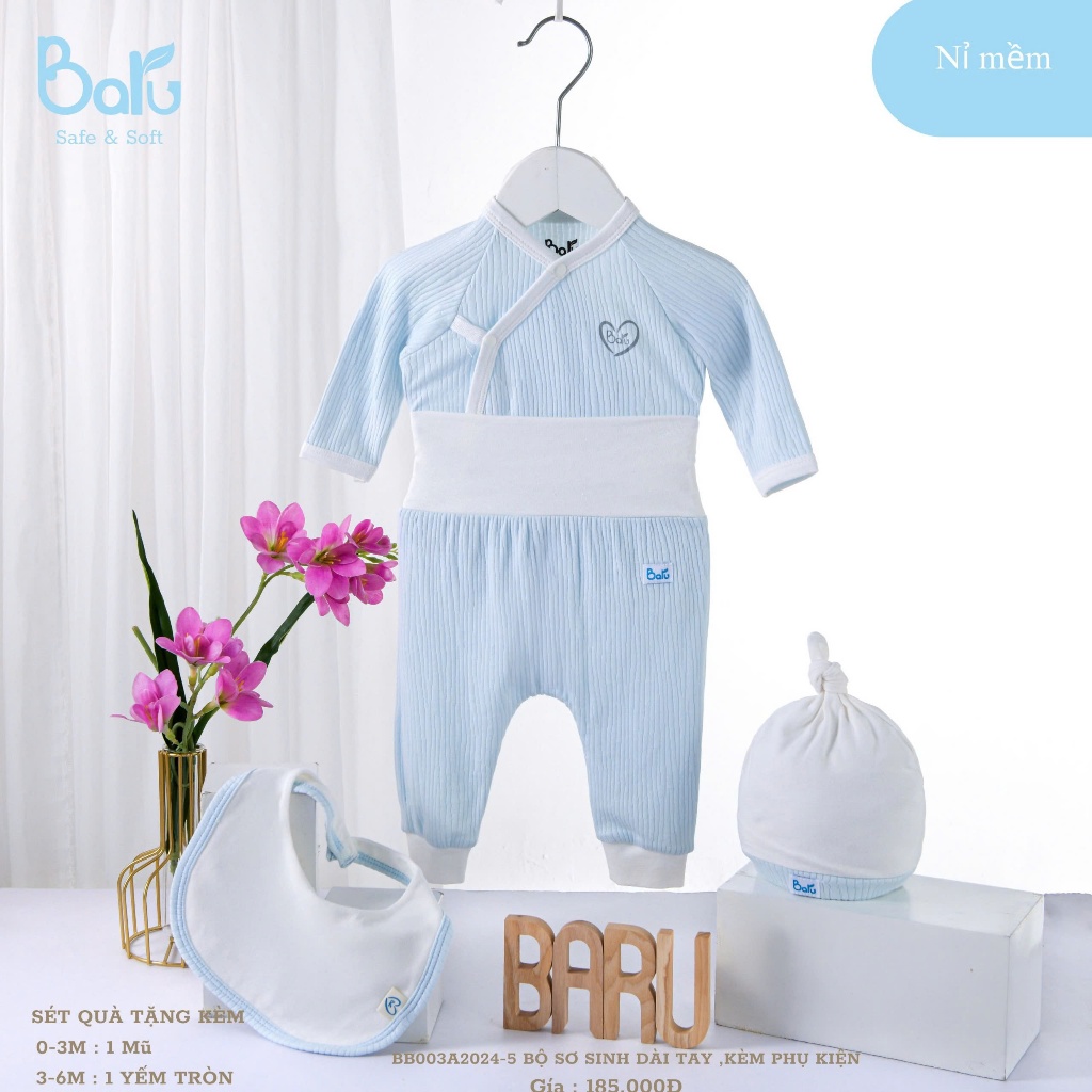 Bộ cài chéo dài Baru Baby cho bé trai, bé gái chất liệu Petit kháng khuẩn cho bé từ 0-6 tháng