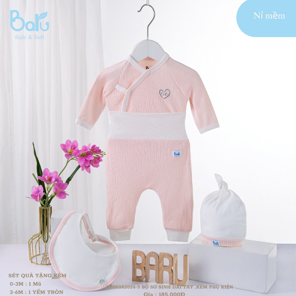 Bộ cài chéo dài Baru Baby cho bé trai, bé gái chất liệu Petit kháng khuẩn cho bé từ 0-6 tháng
