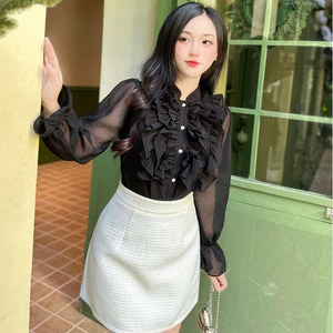 Áo sơ mi tơ cổ trụ bèo tầng style hàn quốc A2421 Kymie