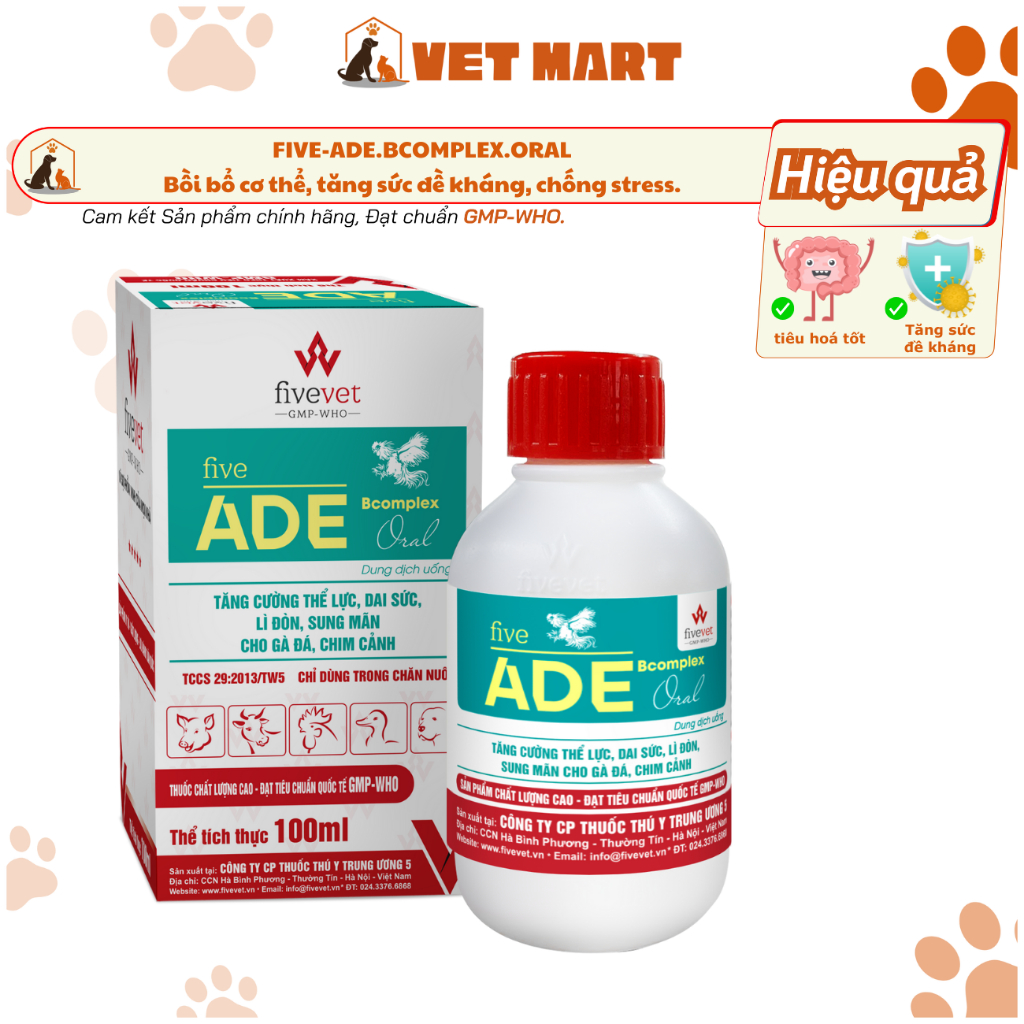 Five-ADE.BComplex.Oral Đỏ Tích, Kích Mào, Đẻ Nhiều, Tăng Trọng, Sung Mãn Cho Gà Đá, Chim Cảnh(100ml)