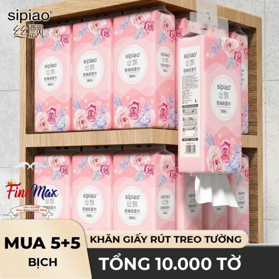 [Thùng 10 Bịch] Giấy Ăn Rút Treo Tường SIPIAO Hoa Mẫu Đơn Tím, Khăn Giấy Ăn 4 Lớp, Tặng Kèm Móc Treo, Bịch/1000 Tờ