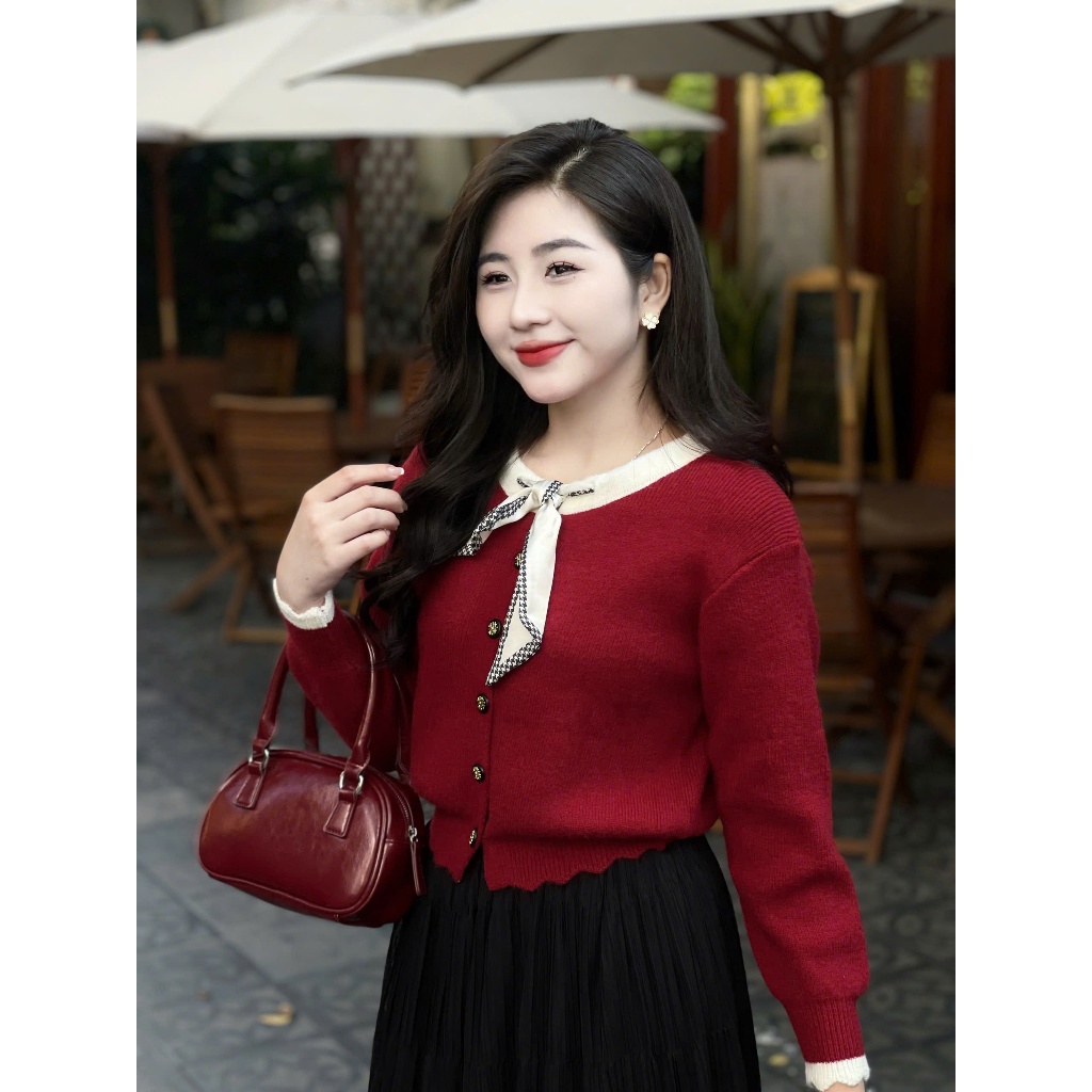 Áo Len Nữ Evalover Mã 9292 Thiết Kế Cổ  Nơ Phối Cúc Chất Len Dầy Dặn
