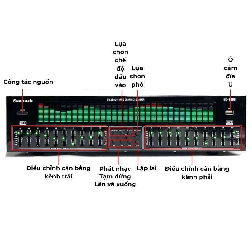 Lọc xì Equalizer Sunbuck EQ-8000, bộ cân bằng âm thanh - Lọc tiếng âm thanh sạch sáng, kết nối bluetooth, có cổng quang