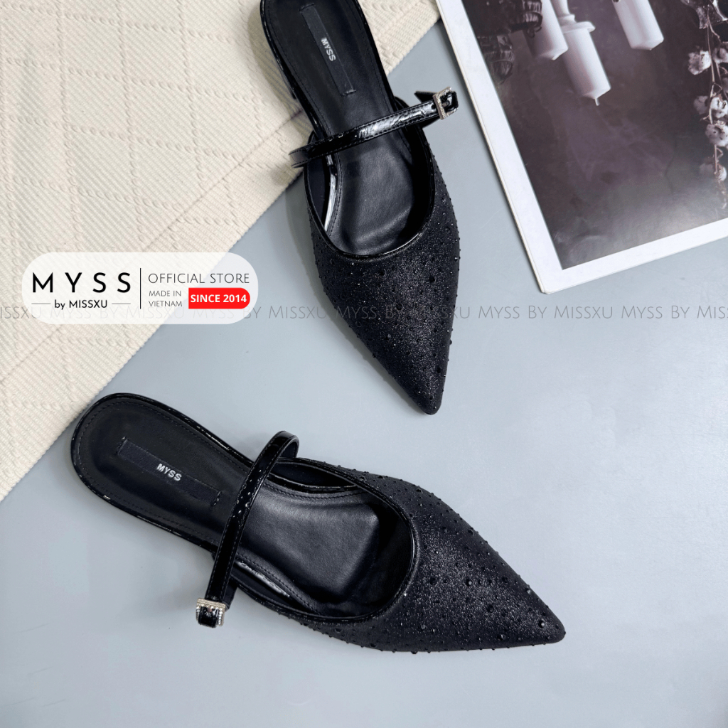 Giày sục nữ MYSS mũi nhọn dây ngang 1cm phối khóa đá cao cấp - SU230