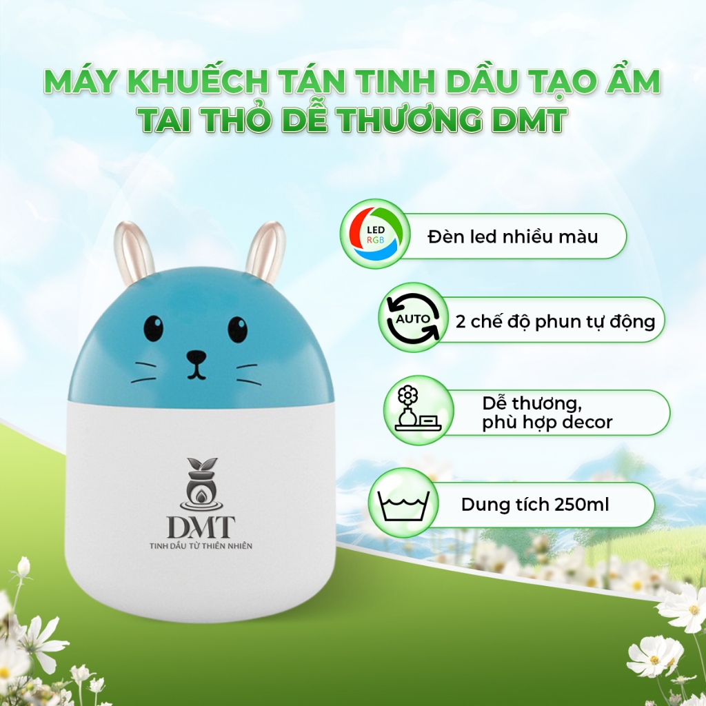 [Hàng Tặng Kèm Không Bán] Máy xông tinh dầu phun sương tạo ẩm tai thỏ DMT - Đèn led tự động đổi màu