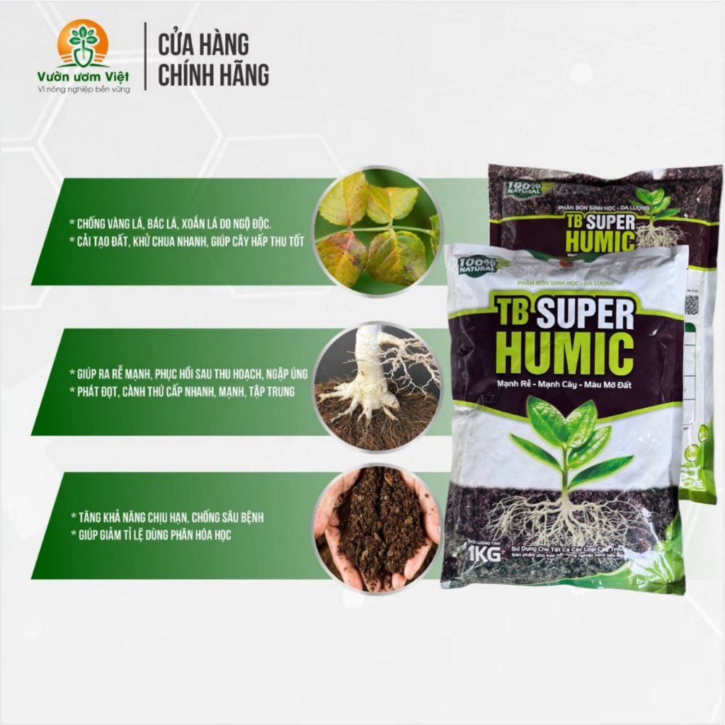 Phân hữu cơ TB SUPER HUMIC tăng trưởng, tái tạo bộ rễ, đất trồng theo hướng bền vững - 1Kg
