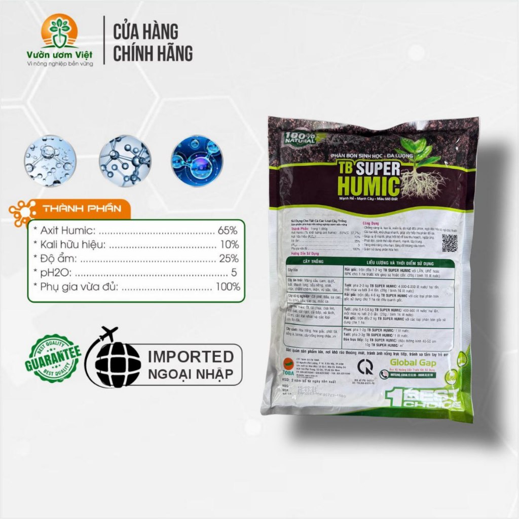 Phân hữu cơ TB SUPER HUMIC tăng trưởng, tái tạo bộ rễ, đất trồng theo hướng bền vững - 1Kg