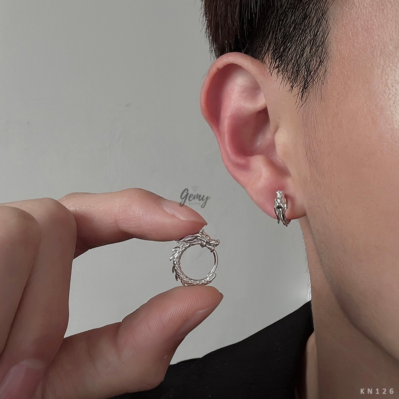 Khuyên tai tròn nam bạc 925 Dargon chạm khắc hình rồng cực chất, cực ngầu (1 chiếc) | GEMY SILVER KN126