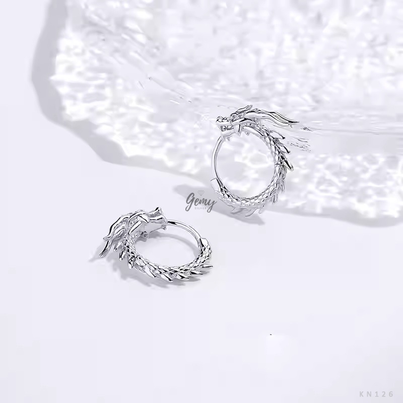 Khuyên tai tròn nam bạc 925 Dargon chạm khắc hình rồng cực chất, cực ngầu (1 chiếc) | GEMY SILVER KN126