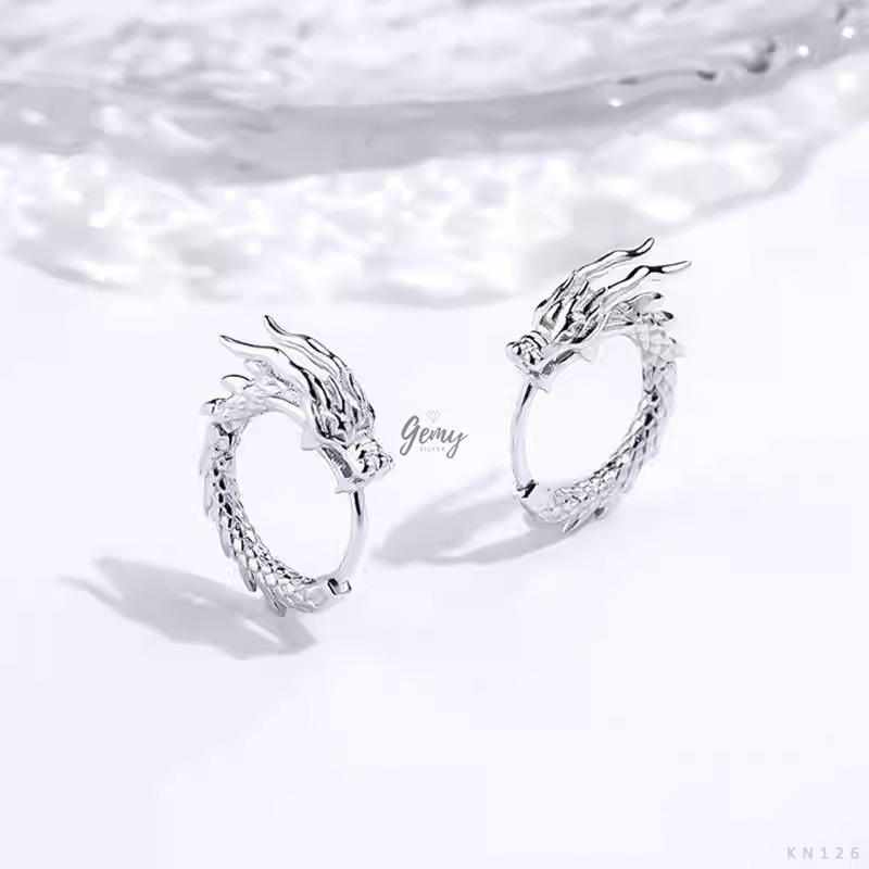 Khuyên tai tròn nam bạc 925 Dargon chạm khắc hình rồng cực chất, cực ngầu (1 chiếc) | GEMY SILVER KN126