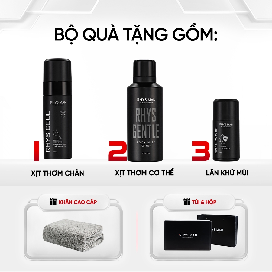 Ảnh Combo Lăn khử mùi nam 50ml & Xịt khử mùi chân 100ml & Body mist nam 120ml RHYS MAN 1