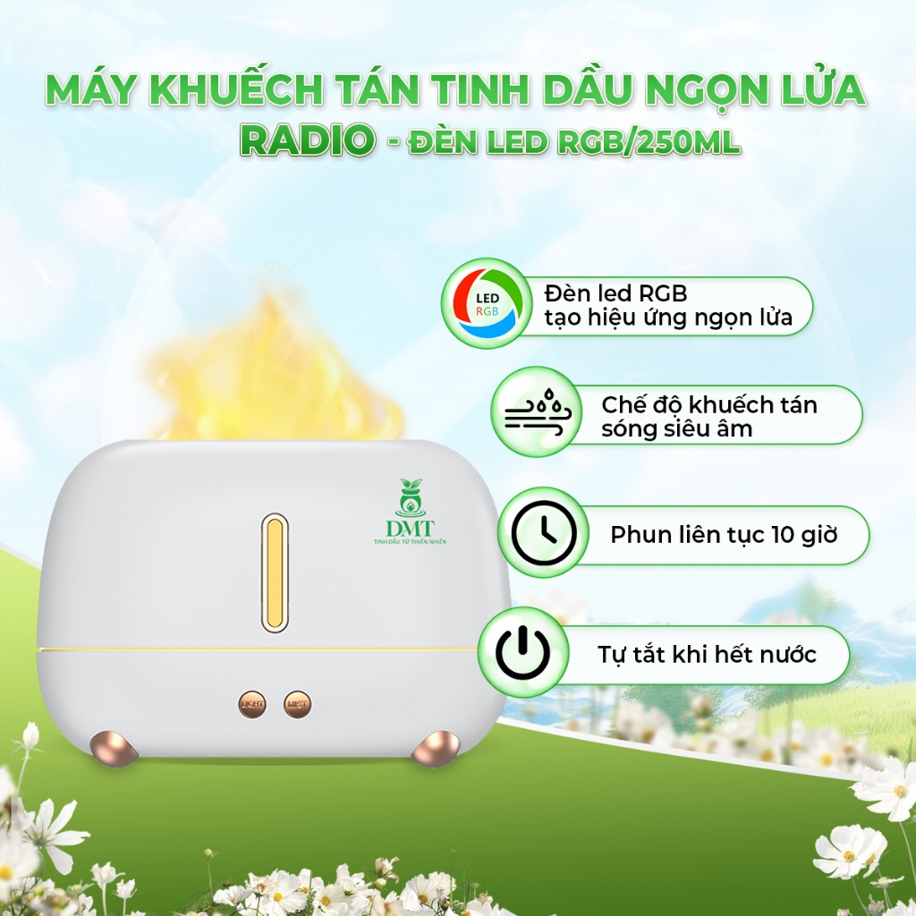 Máy xông tinh dầu phòng ngủ Ngọn Lửa Radio DMT- máy khuếch tán tinh dầu phòng ngủ dùng nước 250ml