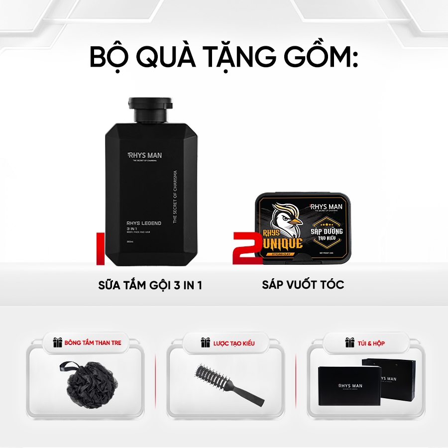 Ảnh Combo Sữa tắm gội nam 3in1 350ml & Sáp dưỡng tạo kiểu tự nhiên giữ nếp suốt 12h Rhys Man 1