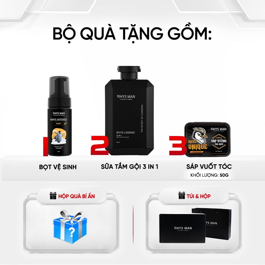 Ảnh Combo Soái Ca - Sữa tắm gội nam 3in1 350ml & Sáp dưỡng tạo kiểu tóc & Bọt vệ sinh nam giới Rhys Man 1