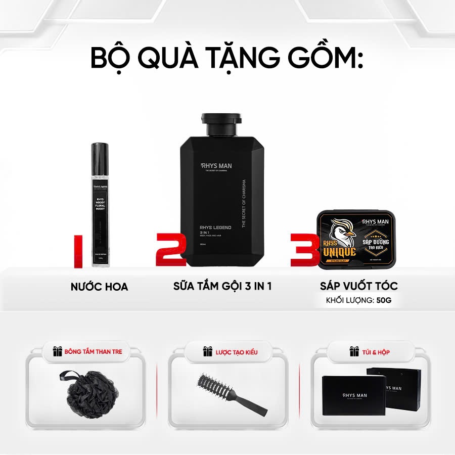 Ảnh Combo Bảnh Dzai - Sữa tắm gội nam 3in1 350ml & Sáp dưỡng tạo kiểu tóc 50g & Nước hoa nam 10ml Rhys Man 1