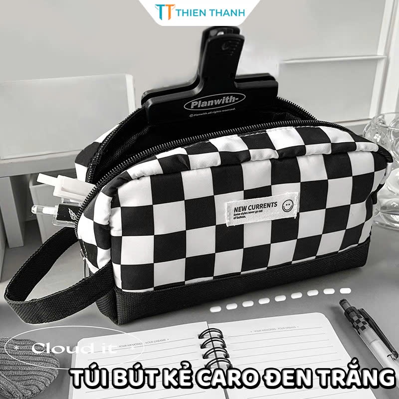 Túi Đựng Bút Vải Caro Moka Hộp Đựng Bút Thời Trang Họa Tiết Đen Trắng Có Thể Đựng Được Nhiều Bút