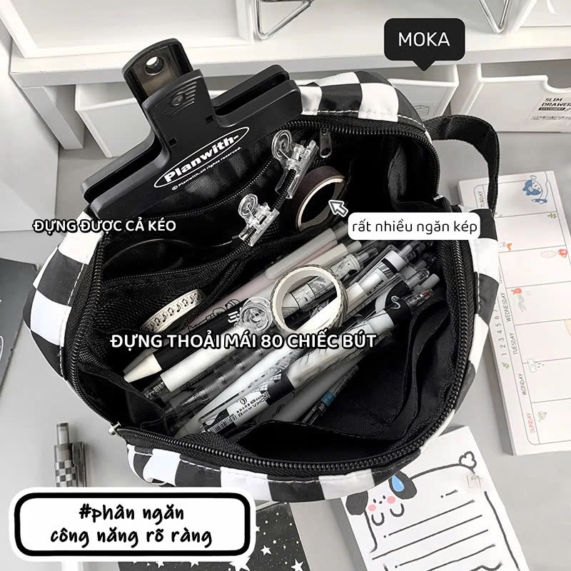 Túi Đựng Bút Vải Caro Moka Hộp Đựng Bút Thời Trang Họa Tiết Đen Trắng Có Thể Đựng Được Nhiều Bút