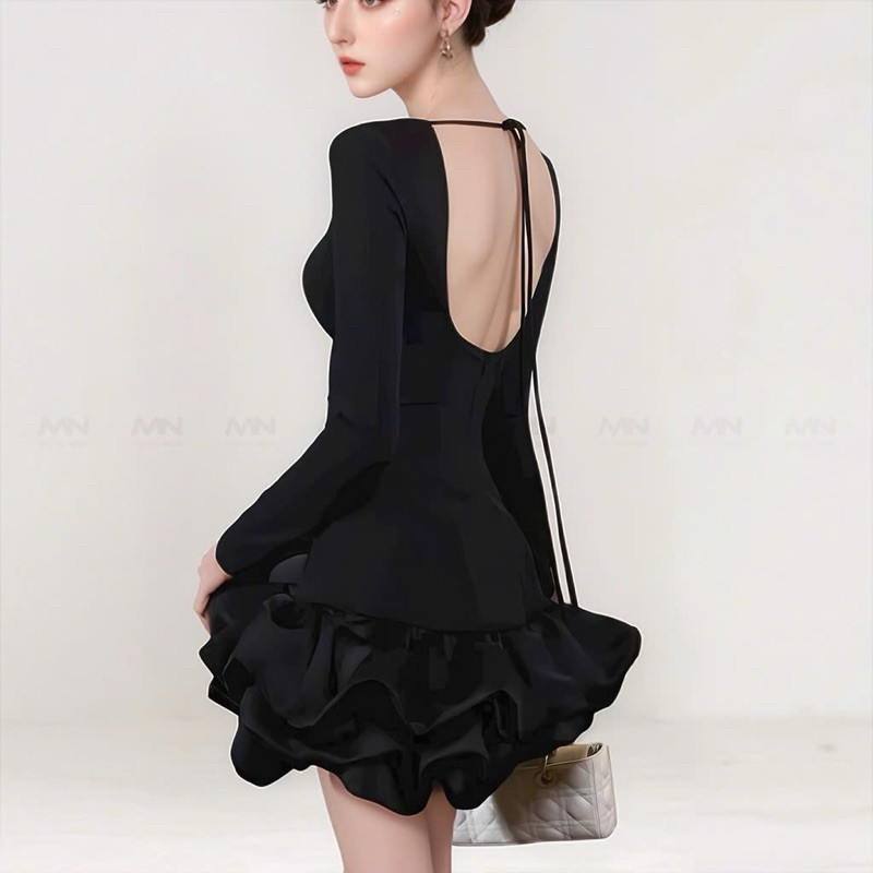 Ảnh Đầm ôm body dài tay MINA thiết kế hở lưng chất Cotton Nhật phối Taffta màu đen - MN299 2