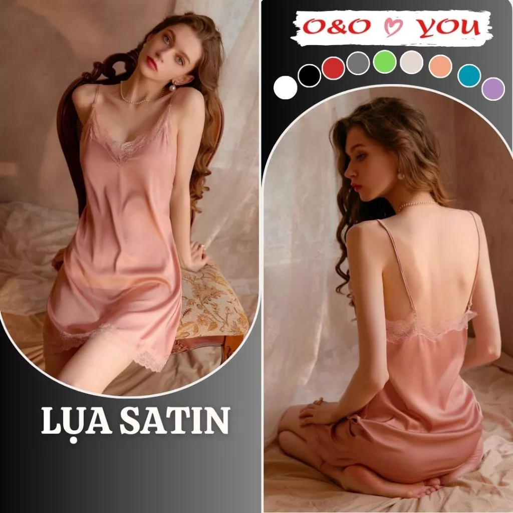Đầm váy ngủ hai dây lụa Satin, màu sắc trơn một màu, liền thân A16988 O&O