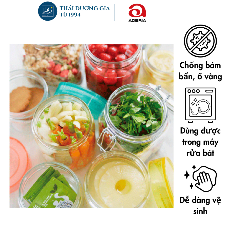 Lọ, hũ thủy tinh nắp nhựa kháng khuẩn Nhật Bản Aderia nắp vàng, nắp xanh các cỡ - Thái Dương Gia