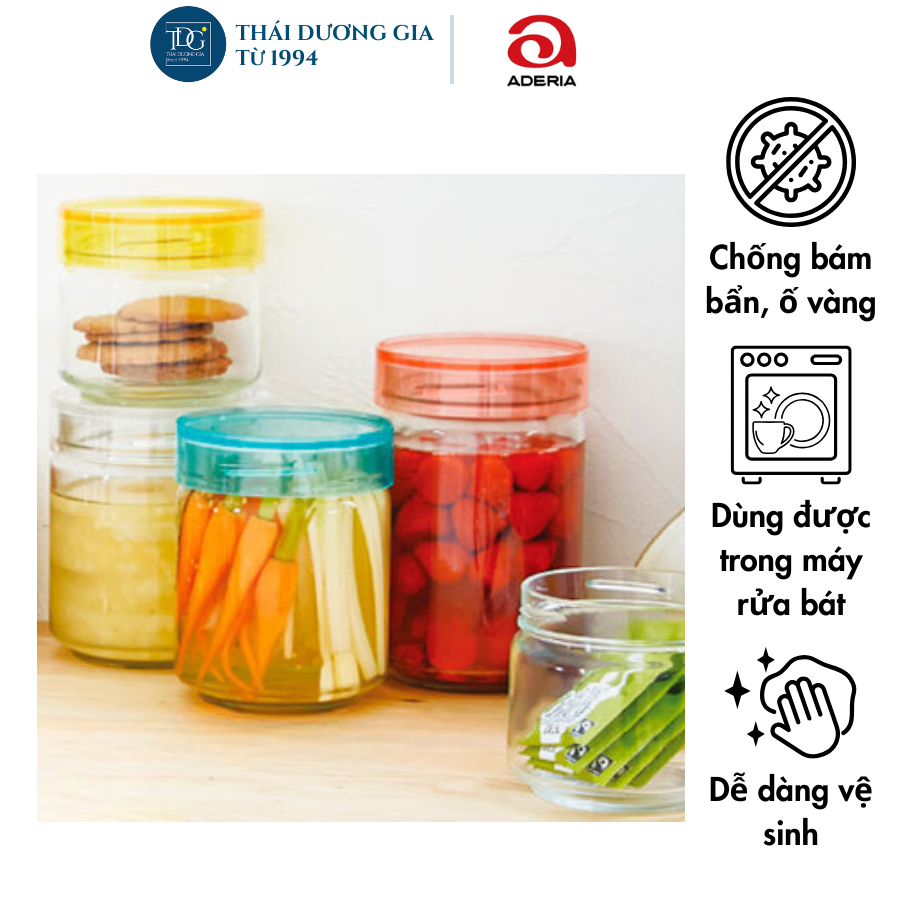 Lọ, hũ thủy tinh nắp nhựa kháng khuẩn Nhật Bản Aderia nắp vàng, nắp xanh các cỡ - Thái Dương Gia