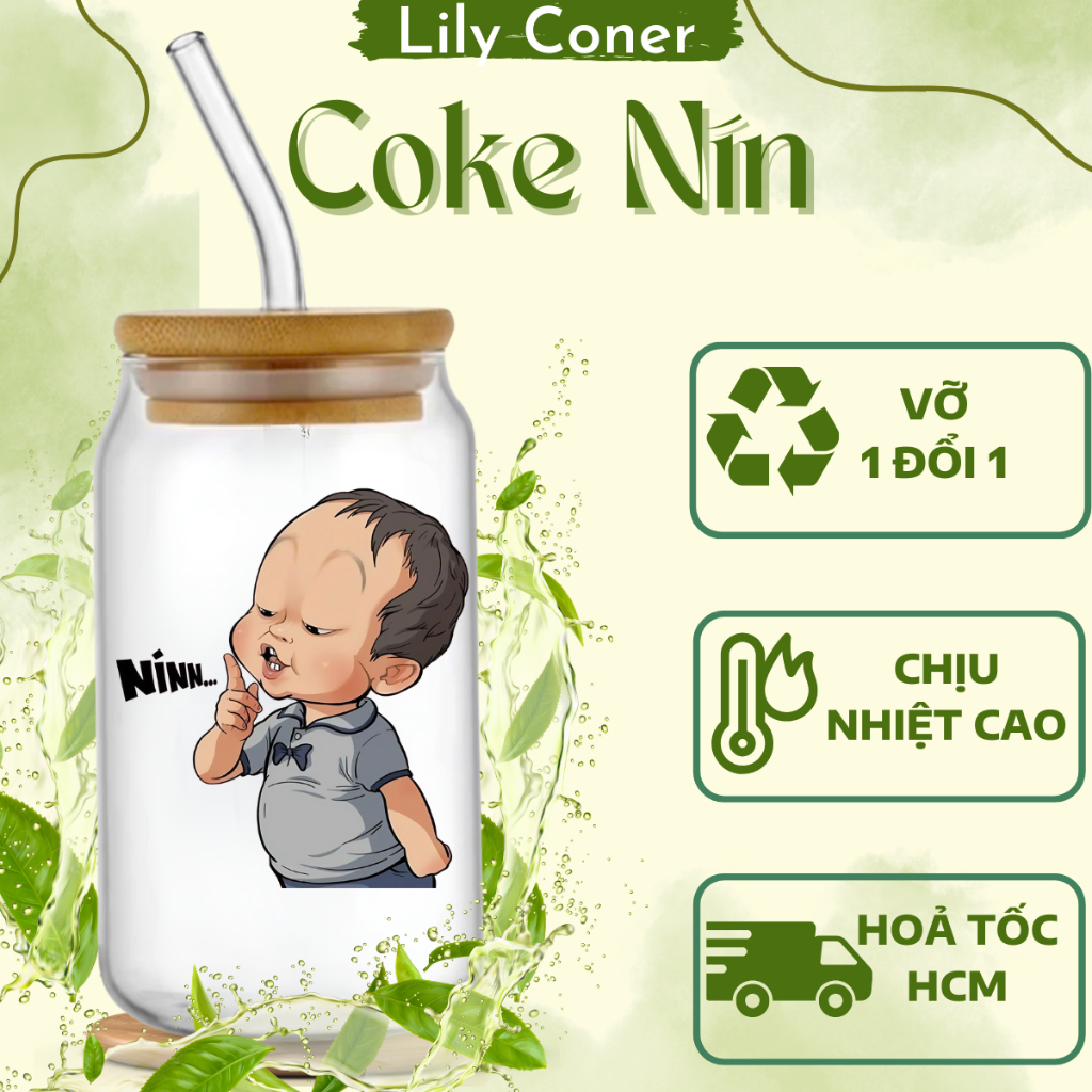 Cốc thủy tinh thiết kế Nín hot trend 500ml, Cốc thủy tinh chịu nhiệt ...