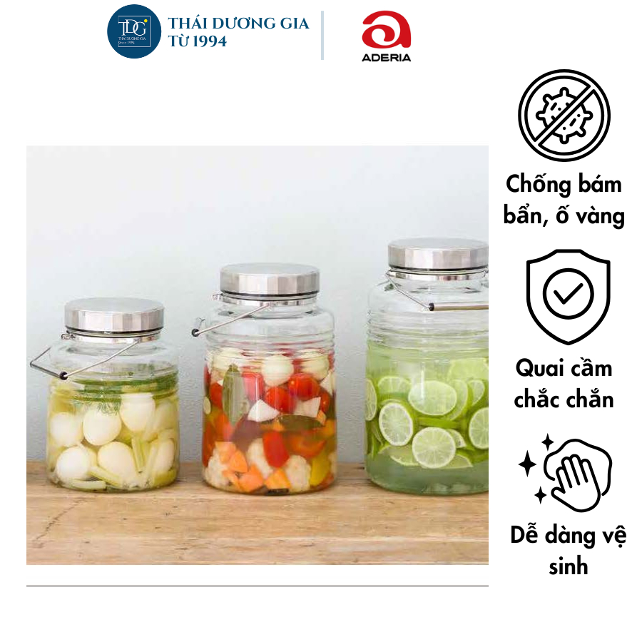 Bình thủy tinh ngâm, đựng thực phẩm 5L nắp mạ niken kèm muôi múc Aderia Nhật Bản – 817