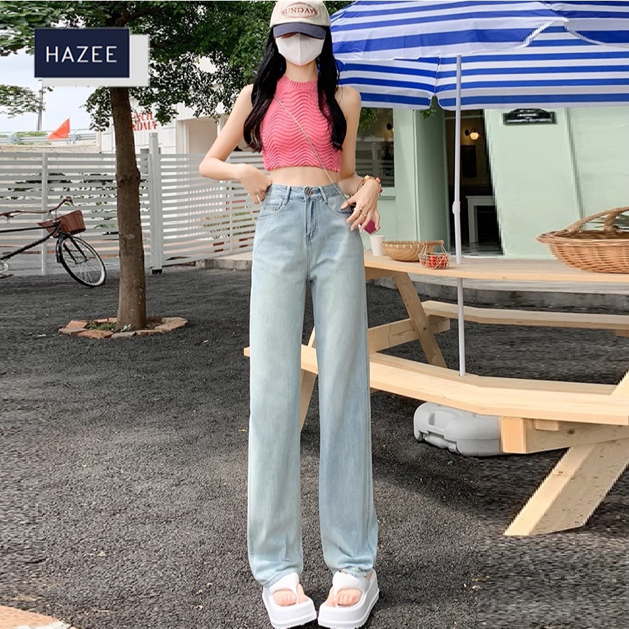 Quần jeans nữ ống suông trơn màu xanh nhạt - Jeans HAZEE