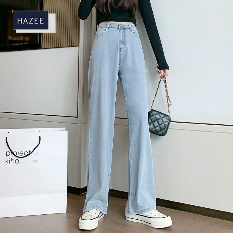 Quần jeans nữ ống suông trơn màu xanh nhạt - Jeans HAZEE