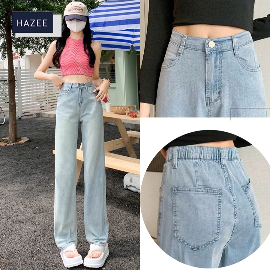 Quần jeans nữ ống suông trơn màu xanh nhạt - Jeans HAZEE