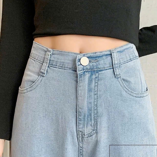 Quần jeans nữ ống suông trơn màu xanh nhạt - Jeans HAZEE