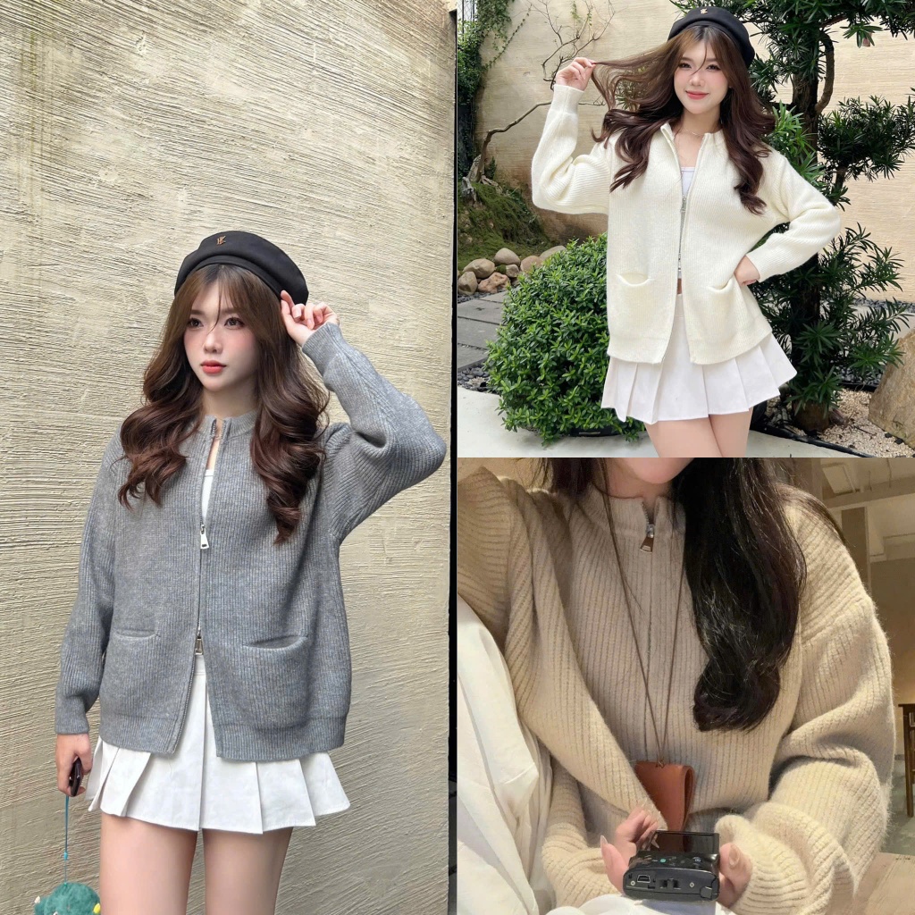 Áo khoác len kéo khoá 2 đầu có hai túi ẩn  SUMIISHOP QC06 Nữ Women
