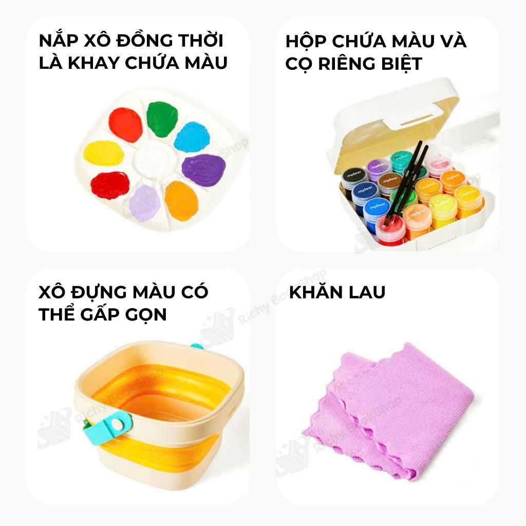 Màu Sơn Nước 16 Màu Kèm Dụng Cụ Và Hộp Đựng Gấp Gọn Mideer Portable Gouache Paint Bucket Set