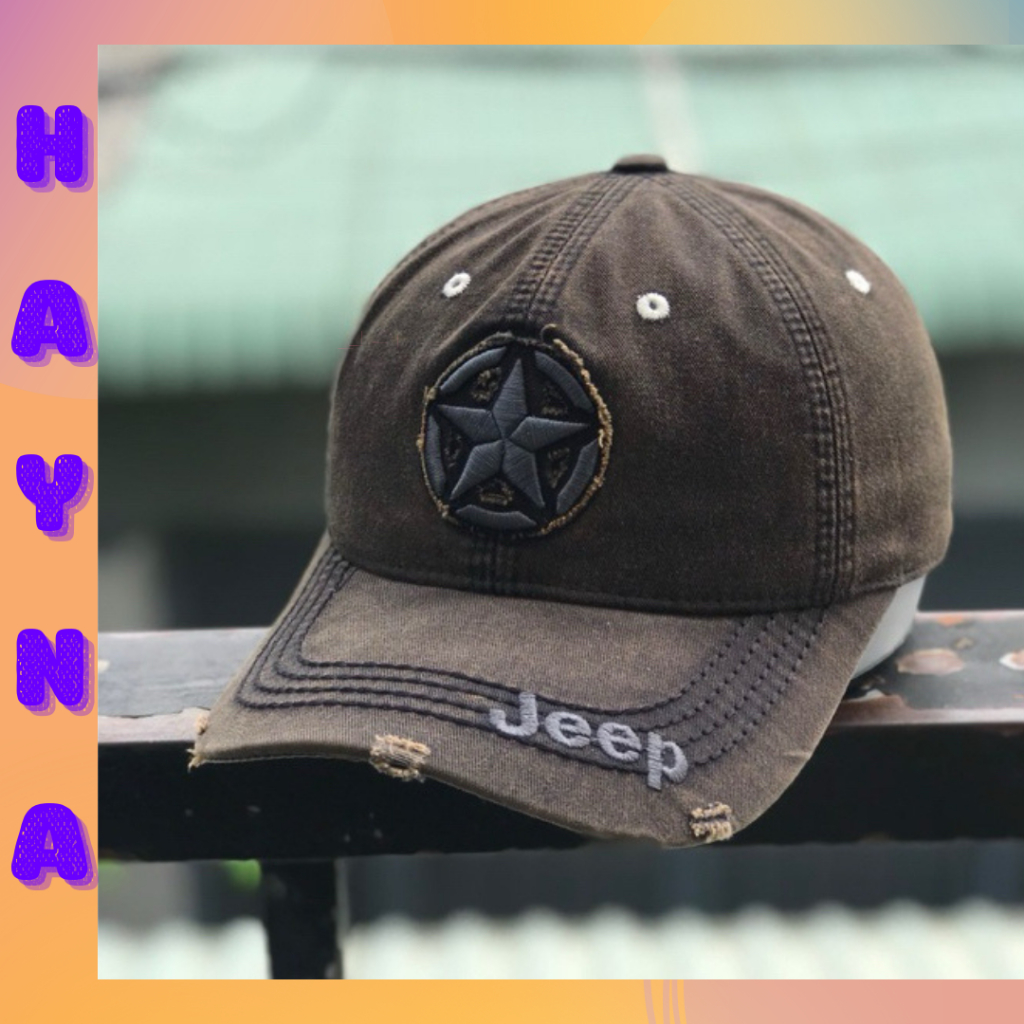 Nón lưỡi trai hình sao Jeep chất vải kaki wax rách, nón nam jean rách ...