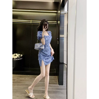 Đầm nhún eo KYE vải gấm hoa Sandy dress màu xanh