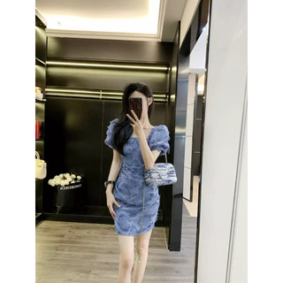 Đầm nhún eo KYE vải gấm hoa Sandy dress màu xanh